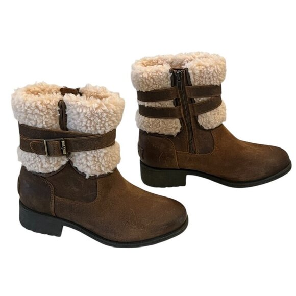 UGG Blayre III Brown Chipmunk Leather Sheepskin Buckle Zip Moto Boots - Picture 3 of 16